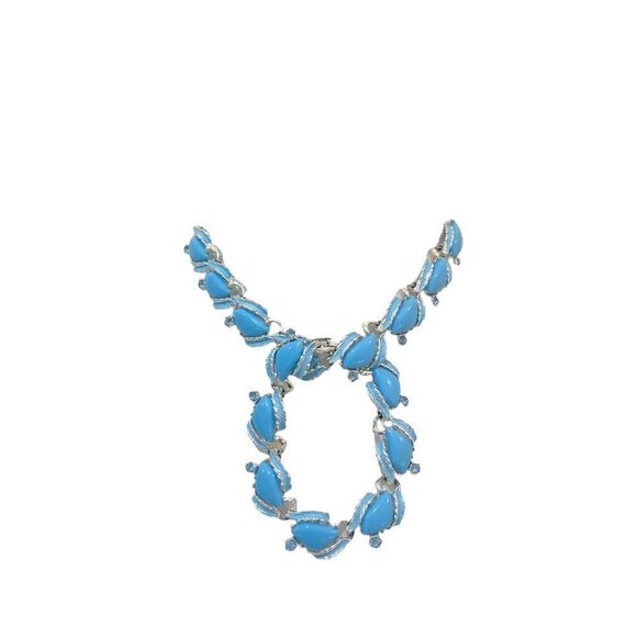 Vtg 50’s/60’s robin’s egg blue & silver tone leaf & crystal necklace & bracelet - Picture 2 of 7